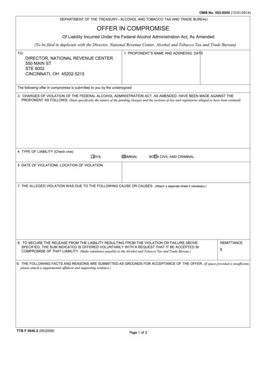 Fillable Form Ttb F 5640.2 Offer In Compromise Of Liability Incurred Under The Federal Alcohol Administration Act Printable pdf