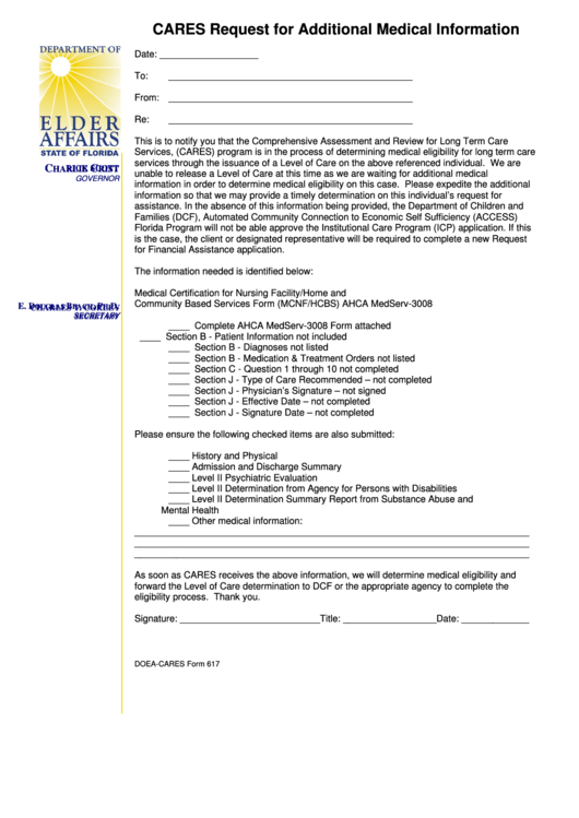 Fillable Doea-Cares Form 617 - Cares Request For Additional Medical Information Form - Florida Department Of Elder Affairs Printable pdf