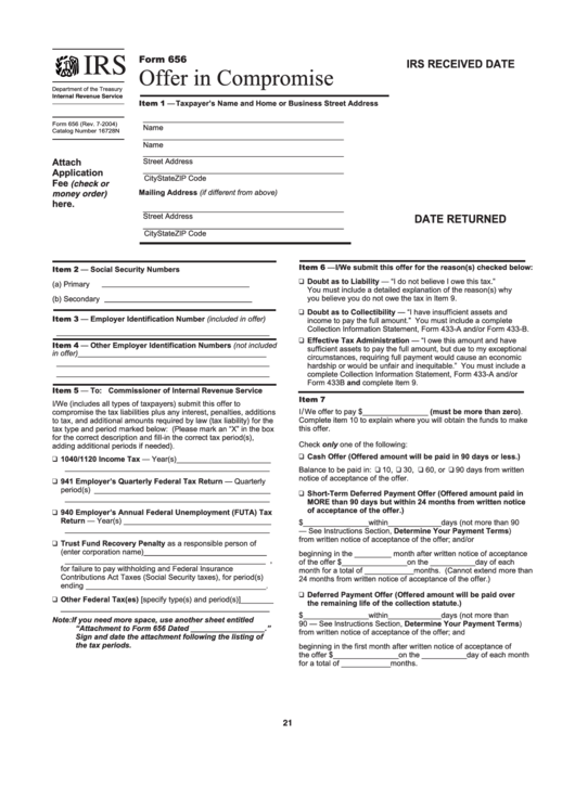 Fillable Form 656 - Offer In Compromise Printable pdf