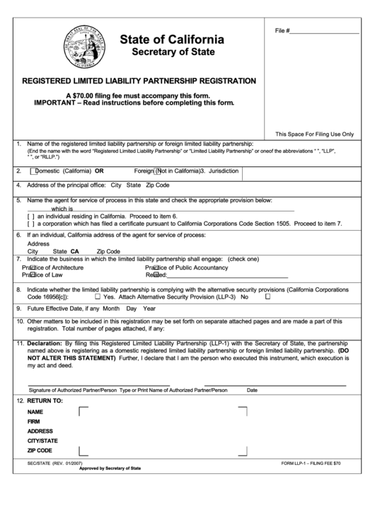 Form Llp-1 Registered Limited Liability Partnership Registration 2007 Printable pdf