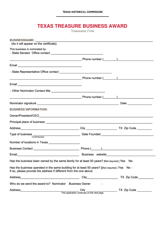 Nomination Form - Texas Treasure Business Award Printable pdf