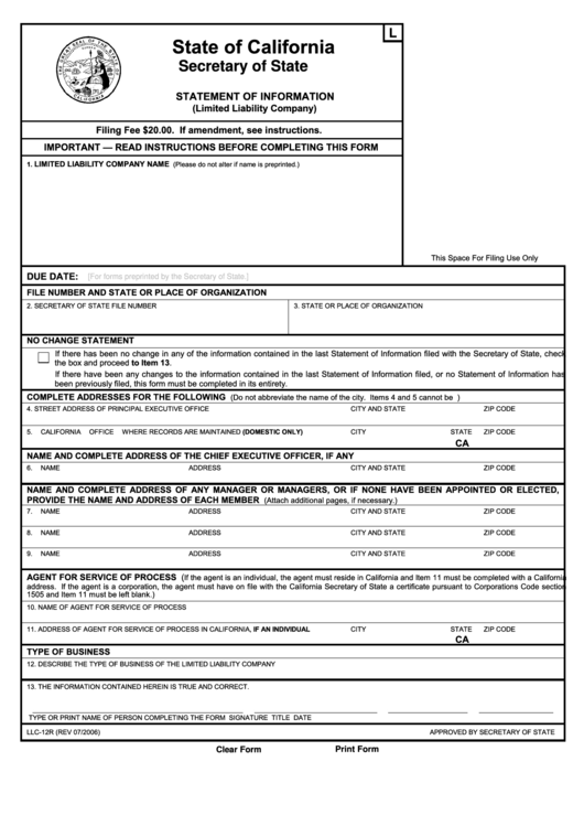 Fillable Form Llc-12r Statement Of Information (Limited Liability Company) - 2006 Printable pdf