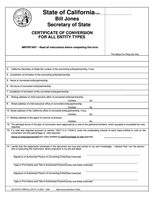 Fillable Form All Entity-1a Certificate Of Conversion For All Entity Types Printable pdf
