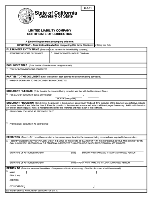 Fillable Form Llc-11 Limited Liability Company Certificate Of Correction Printable pdf