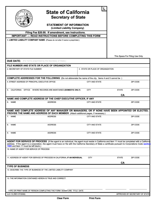 Fillable Form Llc-12 Statement Of Information (Limited Liability Company) - 2006 Printable pdf