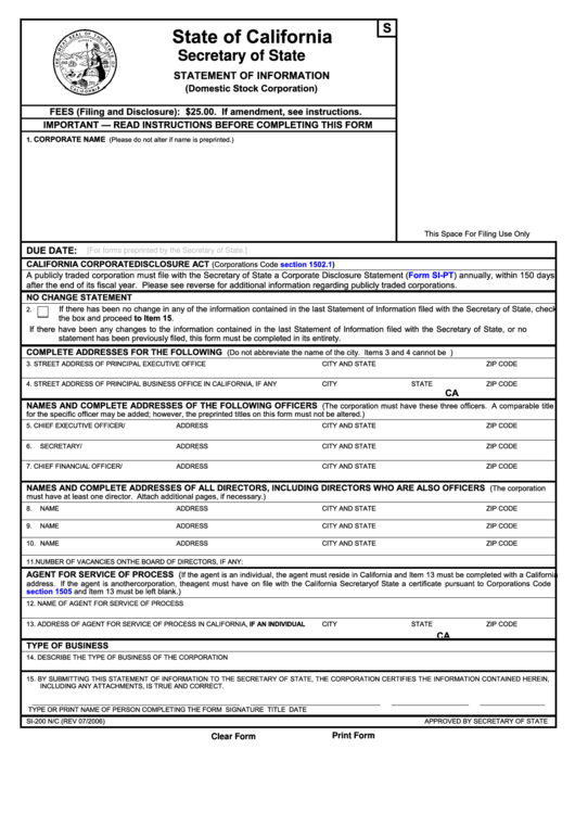 Fillable Form Si-200 N/c - Statement Of Information (Domestic Stock Corporation) - 2006 Printable pdf