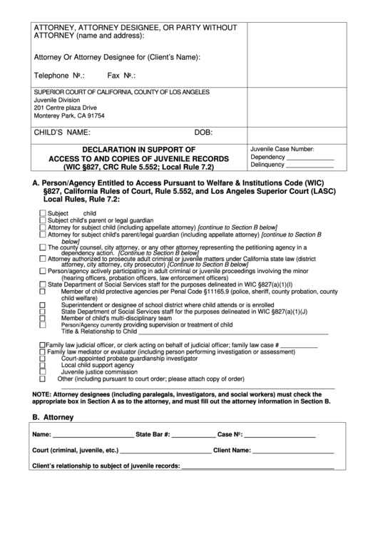 Declaration Form In Support Of Access To And Copies Of Juvenile Records - Lasc