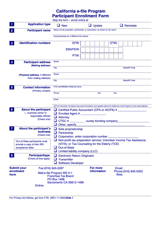 Form Ftb 8633 California E-File Program Participant Enrollment Printable pdf