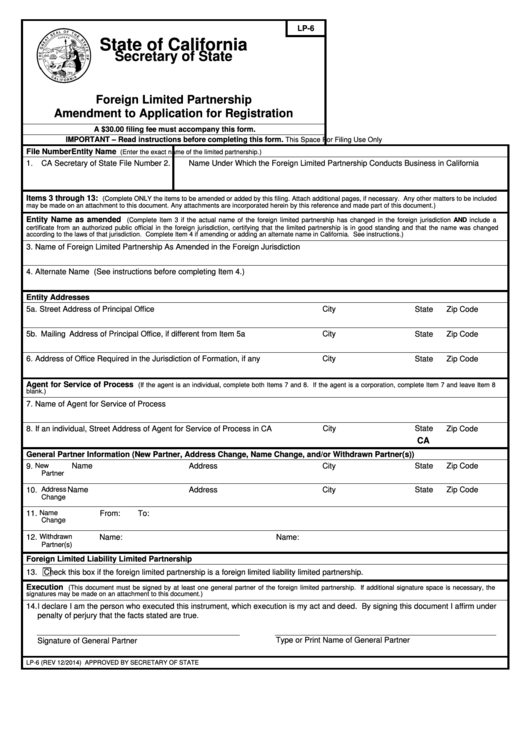 Fillable Form Lp-6 Foreign Limited Partnership Amendment To Application For Registration Printable pdf