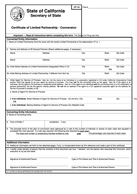 Fillable Form Lp-1a - Certificate Of Limited Partnership - Conversion Printable pdf