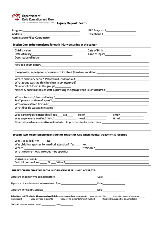 Injury Report Form - Department Of Early Education And Care - Massachusetts Printable pdf