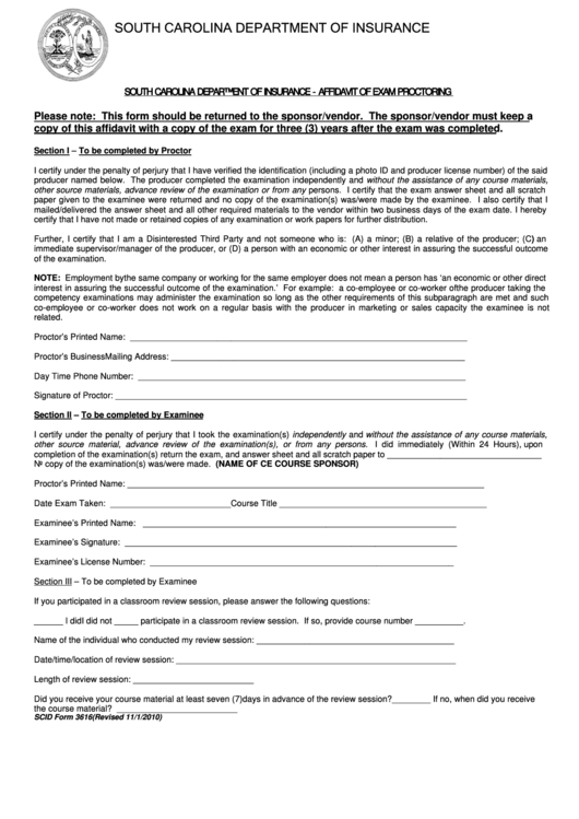 Fillable Affidavit Of Exam Proctoring Form - South Carolina Department Of Insurance Printable pdf
