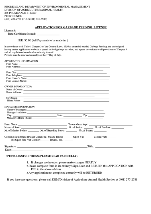 Garbage Feeding License Application Form - Rhode Island Department Of Environmental Management Printable pdf