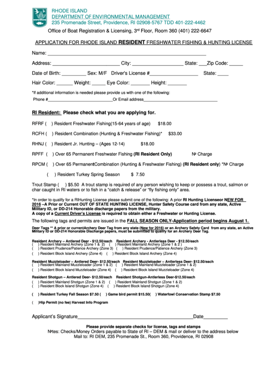 Application For Rhode Island Resident Freshwater Fishing & Hunting License Printable pdf