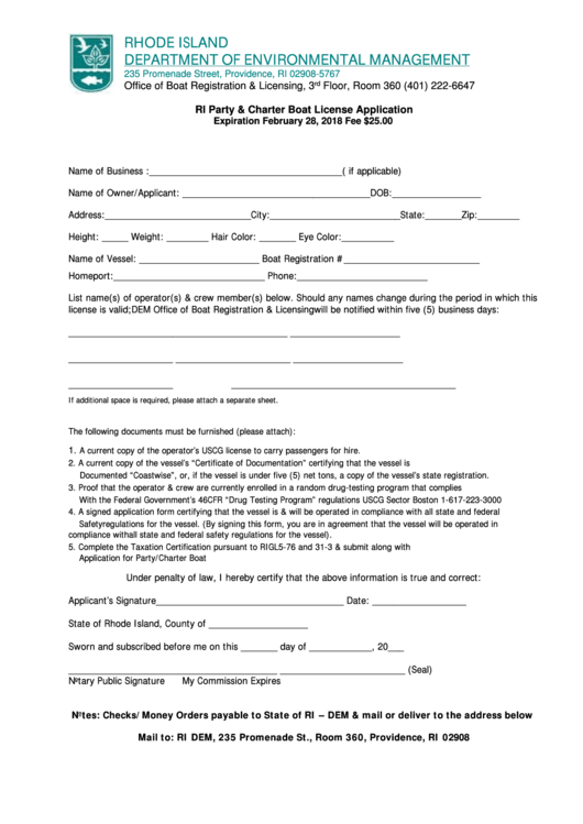 Ri Party & Charter Boat License Application Form - Rhode Island Department Of Environmental Management