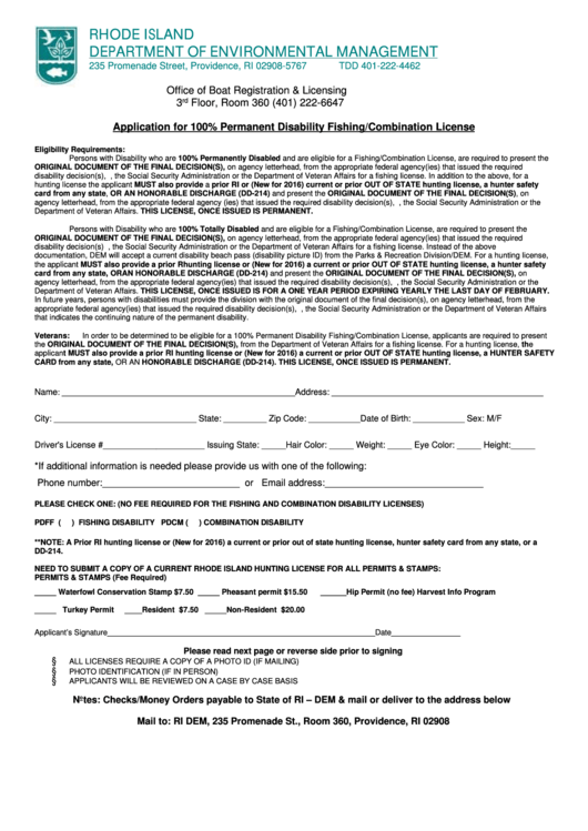 Application For 100 % Permanent Disability Fishing/combination License Printable pdf