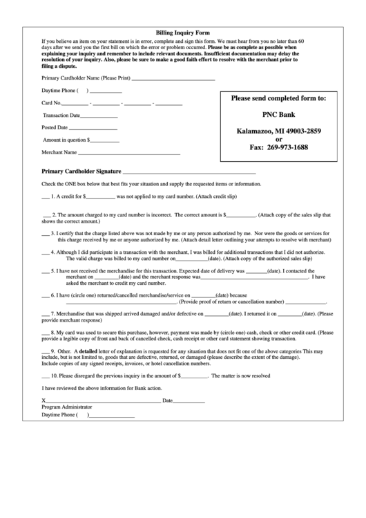 Billing Inquiry Form Kalamazoo, Mi printable pdf download