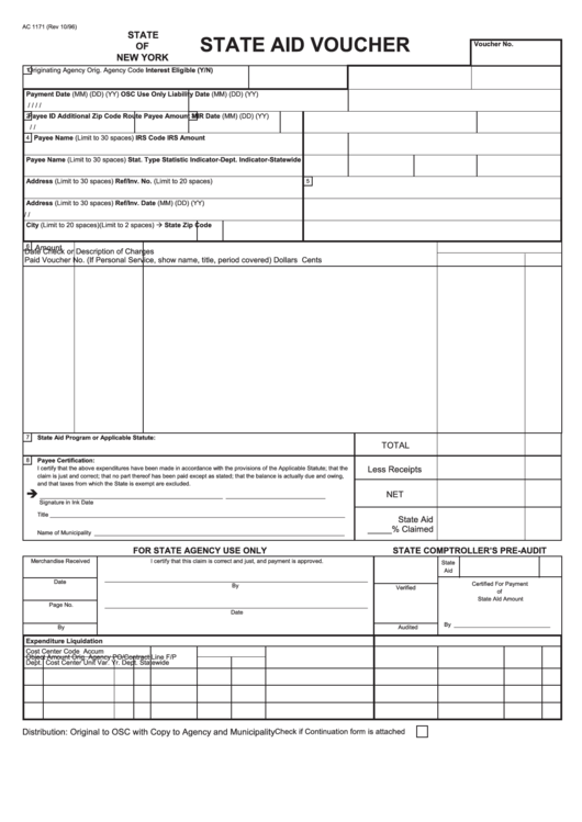 Form Ac 1171 - State Aid Voucher - Nys Printable pdf