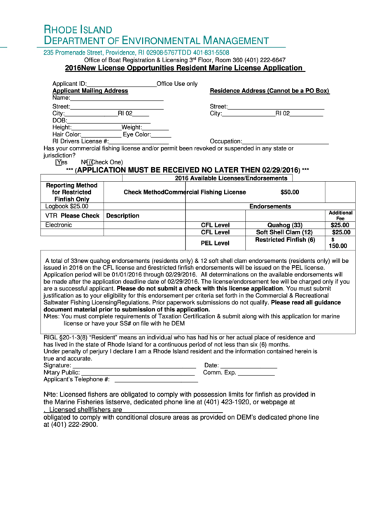 New License Opportunities Resident Marine License Application Form - 2016 Printable pdf