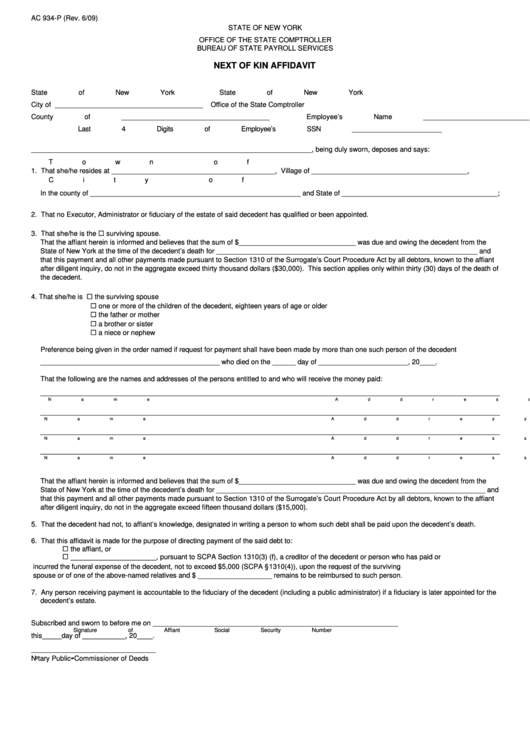 Form Ac 934-P - Next Of Kin Affidavit Form - New York Bureau Of State Payroll Services Printable pdf