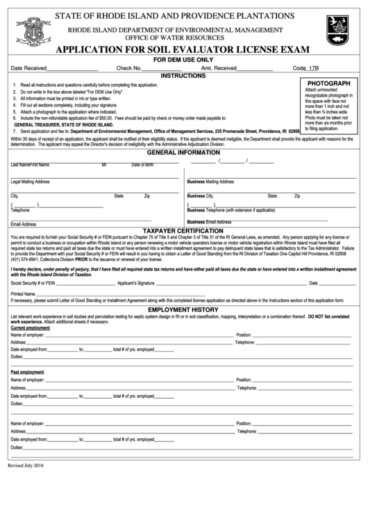 Fillable Application For Soil Evaluator License Exam Form - Rhode Island Department Of Environmental Management Printable pdf