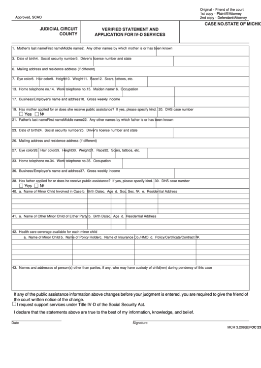 Fillable Form Foc 23 - Verified Statement And Application For Iv-D Services - Michigan Printable pdf