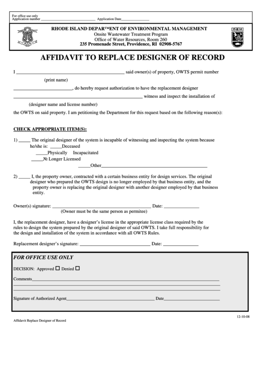 Fillable Affidavit To Replace Designer Of Record Form - Rhode Island Department Of Environmental Management Printable pdf