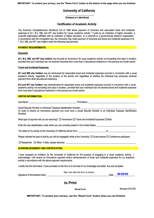 Fillable Certification Of Academic Activity Form - University Of California Printable pdf