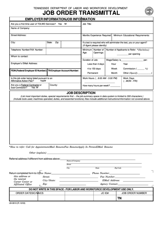 Fillable Form Lb-0610 - Job Order Transmittal - Tennessee Department Of Labor And Workforce Development Printable pdf