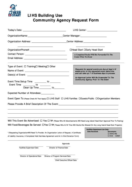 Fillable Lihs Building Use Community Agency Request Form Printable pdf