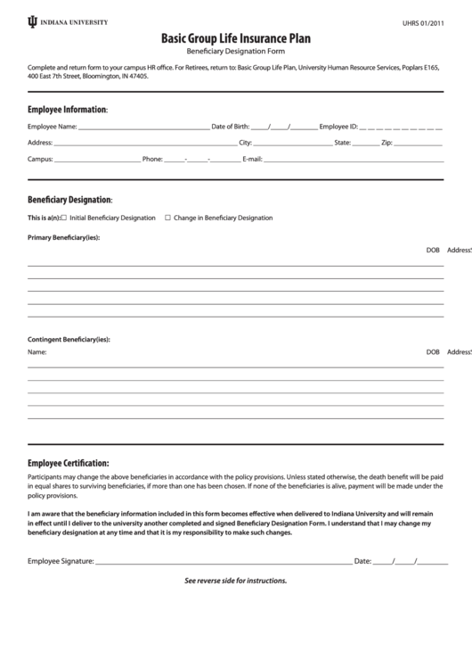 Fillable Basic Group Life Insurance Plan Beneficiary Designation Form - Indiana University Printable pdf