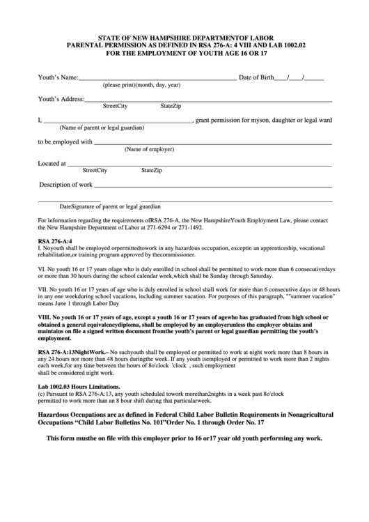 Fillable Parental Permission Form - New Hampshire Department Of Labor Printable pdf