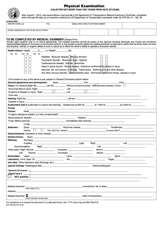 Physical Examination Form - Washington Department Of Transportation Printable pdf