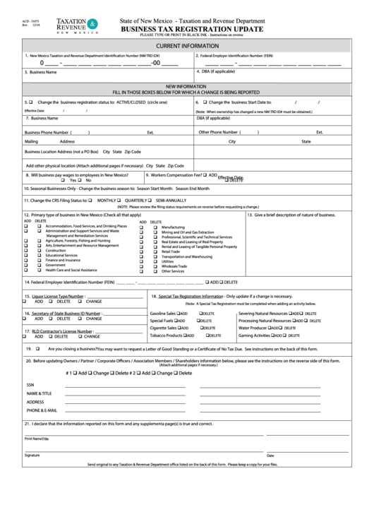 Form Acd - 31075 - Business Tax Registration Update - State Of New Mexico - Taxation And Revenue Department Printable pdf
