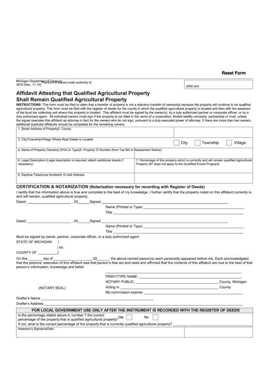 Fillable Form 3676 - Affidavit Attesting That Qualified Agricultural Property Shall Remain Qualified Agricultural Property - 2015 Printable pdf