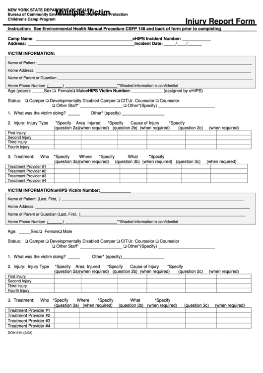 Form Doh-61h - Multiple Victim Injury Report Form - New York State Department Of Health Printable pdf