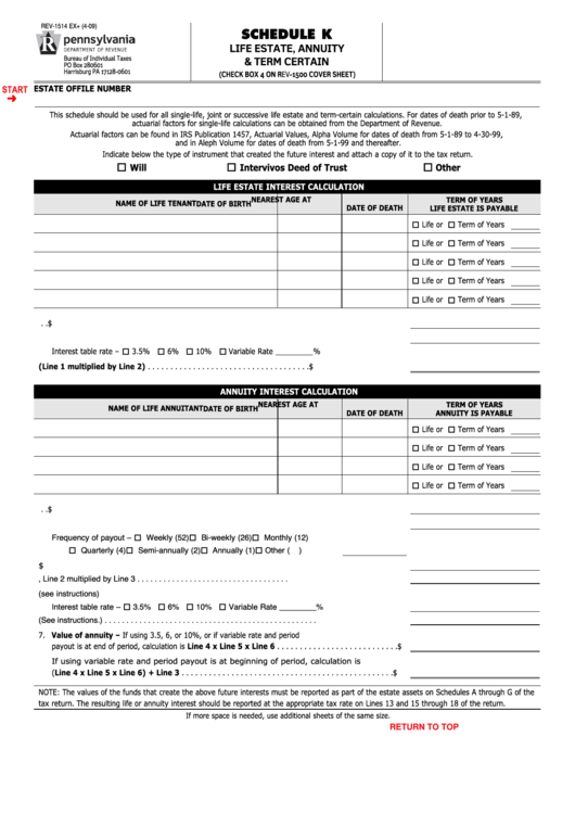 Fillable Form Rev-1514 Ex+ - Schedule K - Life Estate, Annuity & Term Certain Printable pdf