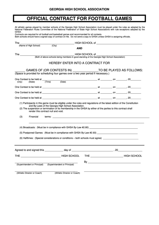 Fillable Official Contract For Football Games Template Printable pdf