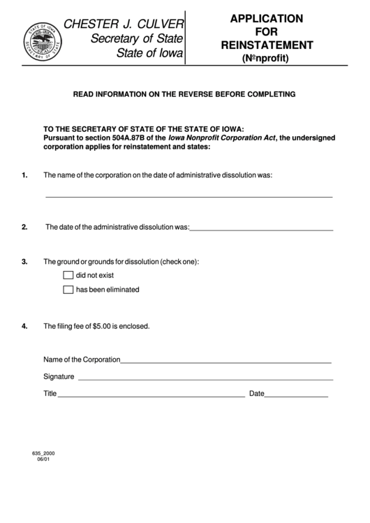 Form 635_2000 - Application For Reinstatement - 2001 Printable pdf