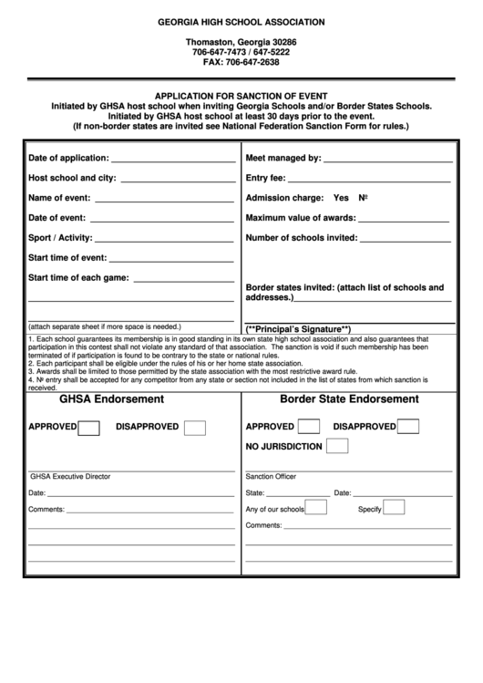 Fillable Application Form For Sanction Of Event (For Georgia Schools And/or Border States) Printable pdf