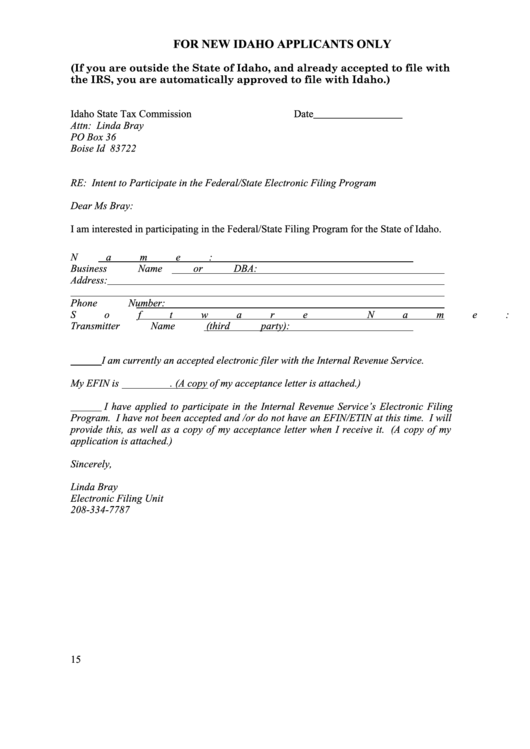Intent To Participate In The Federal/state Electronic Filing Program Letter Template - Idaho State Tax Commission Printable pdf