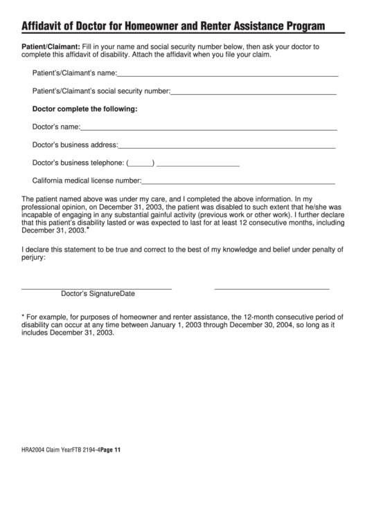 Form Ftb 2194-4 - Affidavit Of Doctor For Homeowner And Renter Assistance Program Printable pdf