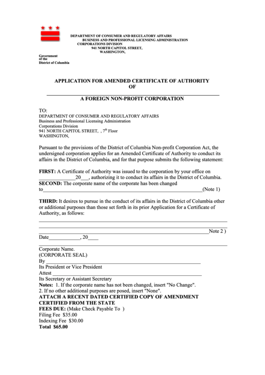 Application For Amended Certificate Of Authority Of A Foreign Non-Profit Corporation - District Of Columbia Department Of Consumer And Regulatory Affairs Printable pdf