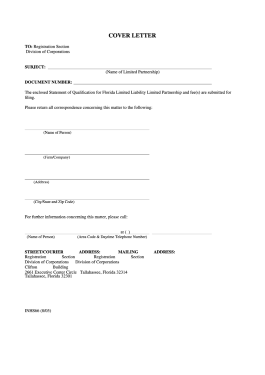 Fillable Form Inhs66 - Statement Of Qualification For Florida Limited Liability Limited Partnership - 2005 Printable pdf