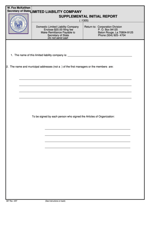Form 367 - Limited Liability Company Supplemental Initial Report Printable pdf