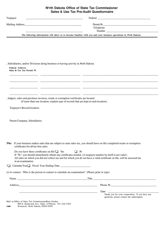 Fillable Form 21986 - Sales & Use Tax Pre-Audit Questionnaire - North Dakota Office Of State Tax Commissioner Printable pdf