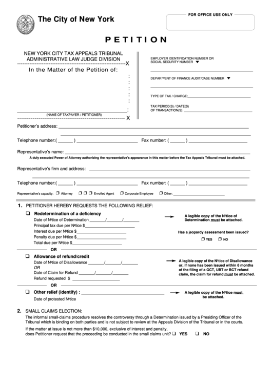 Fillable Petition Form - New York City Tax Appeals Tribunal Administrative Law Judge Division Printable pdf