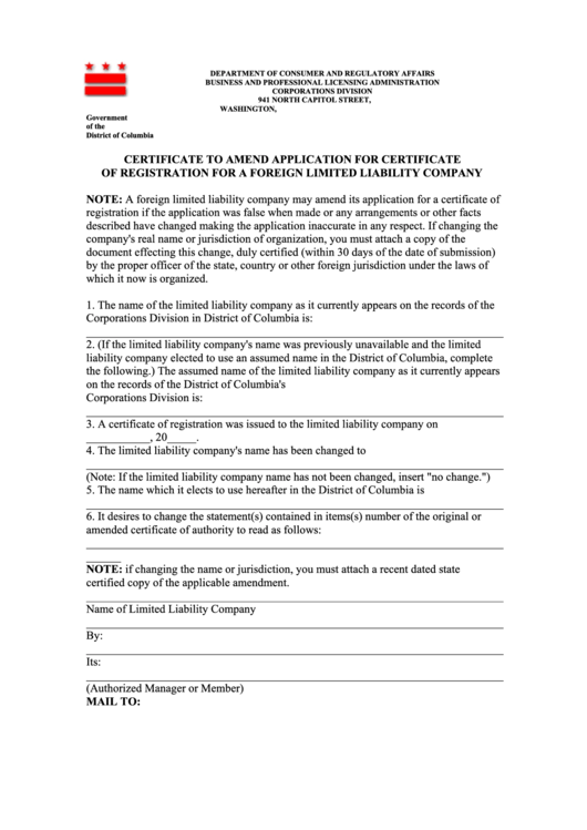 Certificate To Amend Application For Certificate Of Registration For A Foreign Limited Liability Company Form - Department Of Consumer And Regulatory Affairs, District Of Columbia Printable pdf