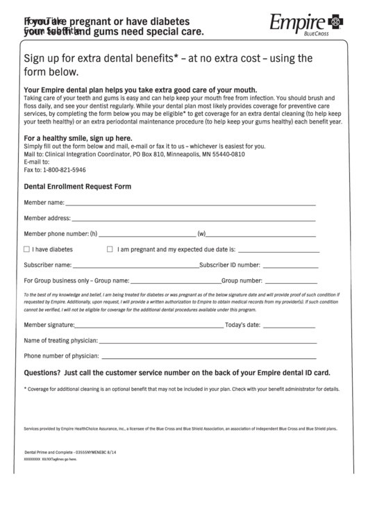 Fillable Dental Enrollment Request Form printable pdf download