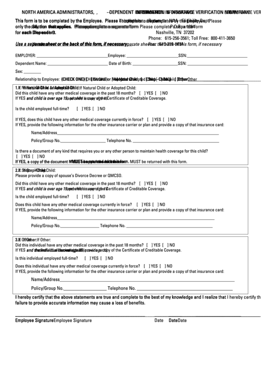 Dependent Information Information& Insurance Verification Form - North America Administrators, L.p. Printable pdf